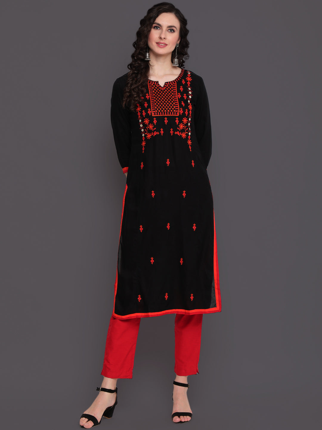 Embroidered Straight Calf Length 3/4 Sleeves Round Neck Rayon Kurta