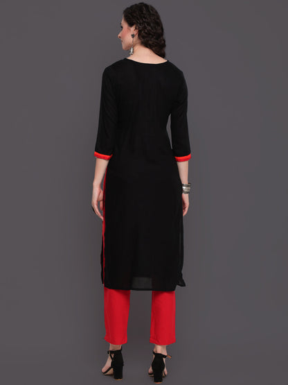 Embroidered Straight Calf Length 3/4 Sleeves Round Neck Rayon Kurta