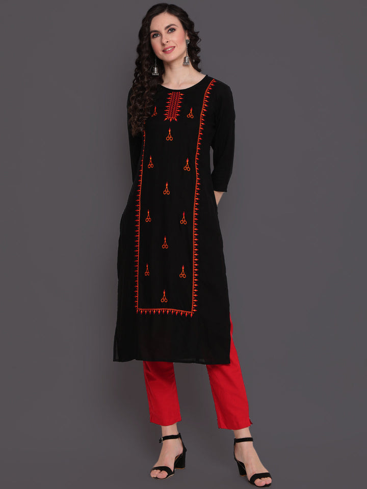 Embroidered Straight Calf Length 3/4 Sleeves Round Neck Rayon Kurta