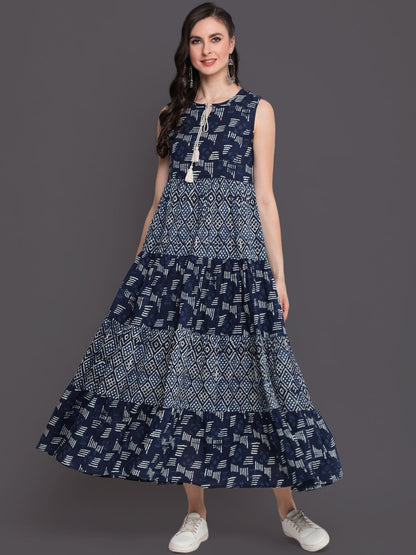 Printed Flared Top Ankle Length Sleeveless Round Neck Cotton Kurta