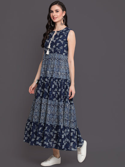 Printed Flared Top Ankle Length Sleeveless Round Neck Cotton Kurta