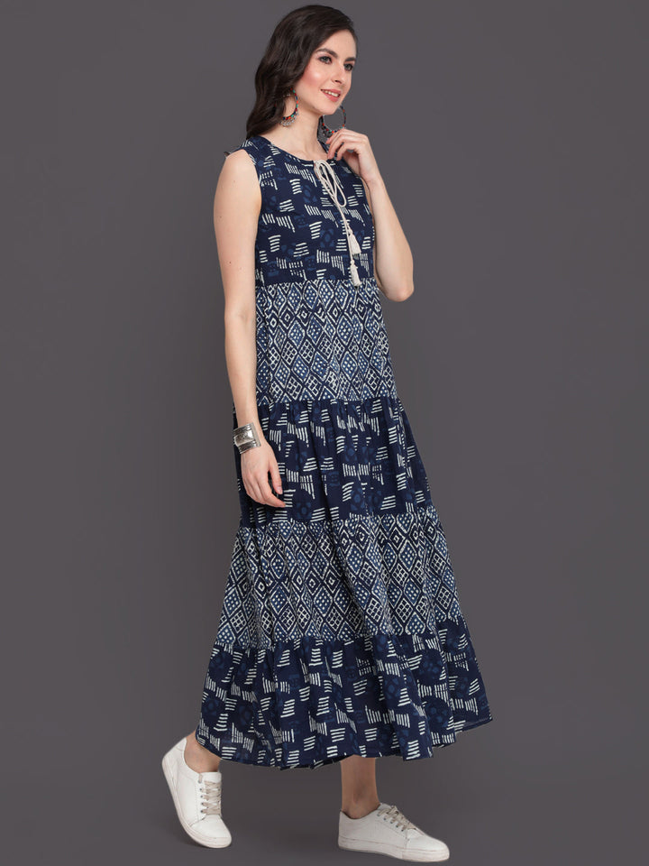 Printed Flared Top Ankle Length Sleeveless Round Neck Cotton Kurta