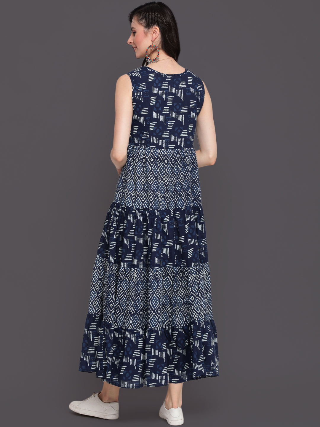 Printed Flared Top Ankle Length Sleeveless Round Neck Cotton Kurta