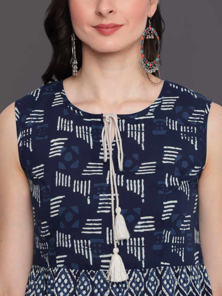 Printed Flared Top Ankle Length Sleeveless Round Neck Cotton Kurta