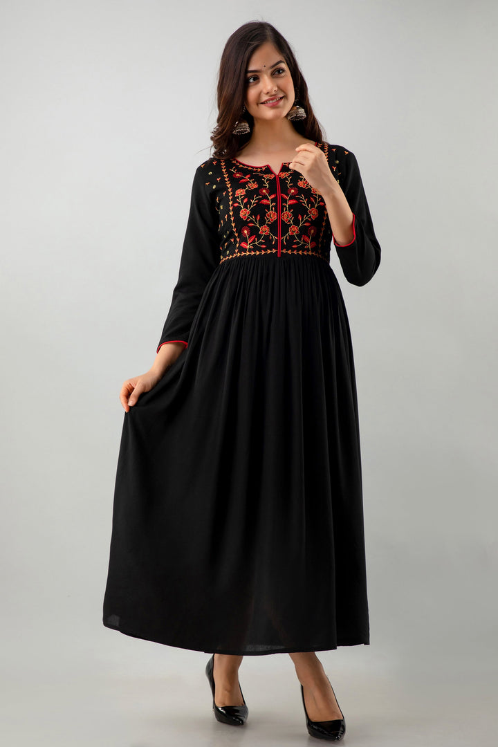 Embroidered Flared Ankle Length 3/4 Sleeves Round Neck Rayon Kurta Dress