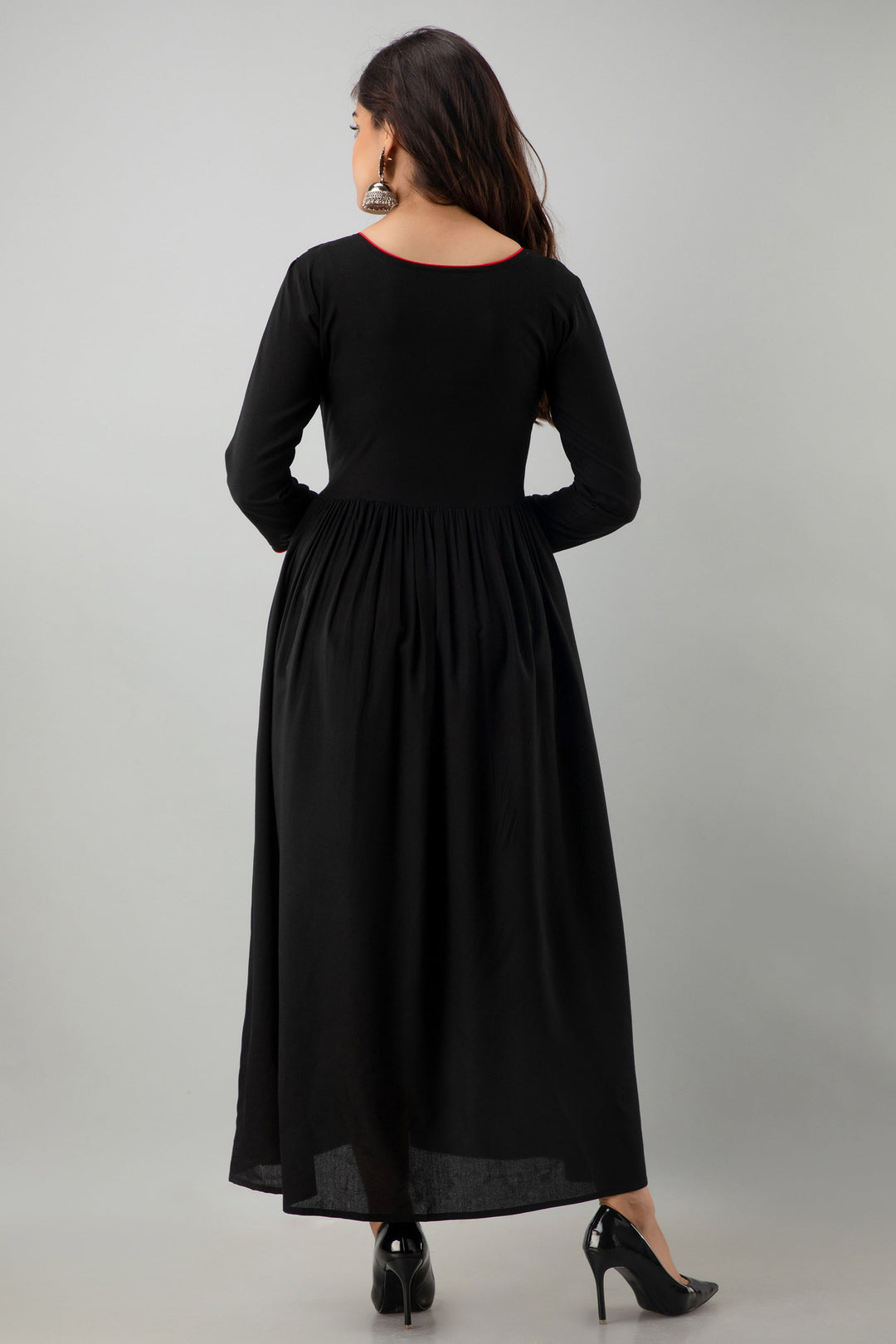 Embroidered Flared Ankle Length 3/4 Sleeves Round Neck Rayon Kurta Dress