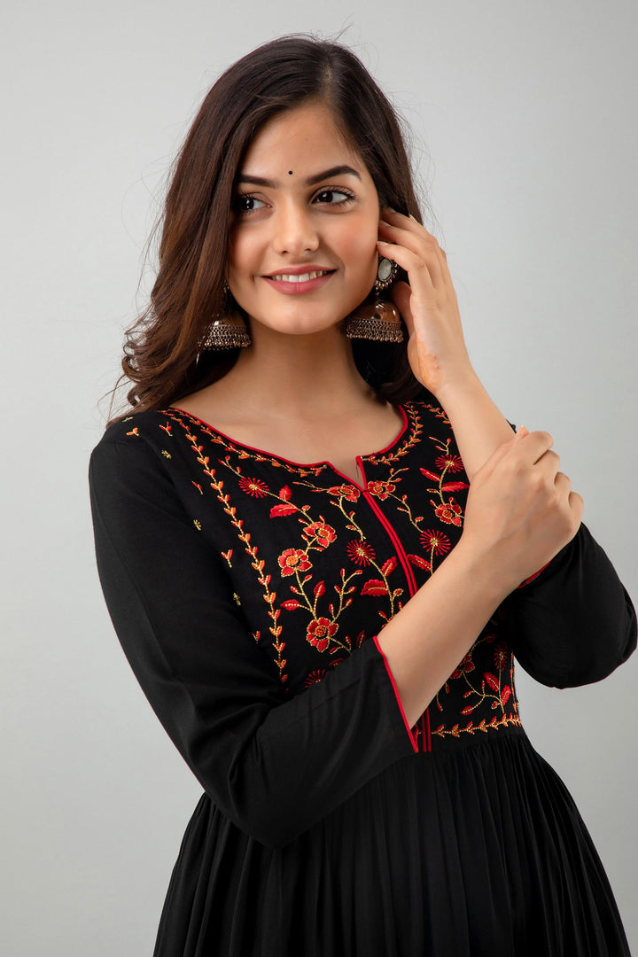 Embroidered Flared Ankle Length 3/4 Sleeves Round Neck Rayon Kurta Dress