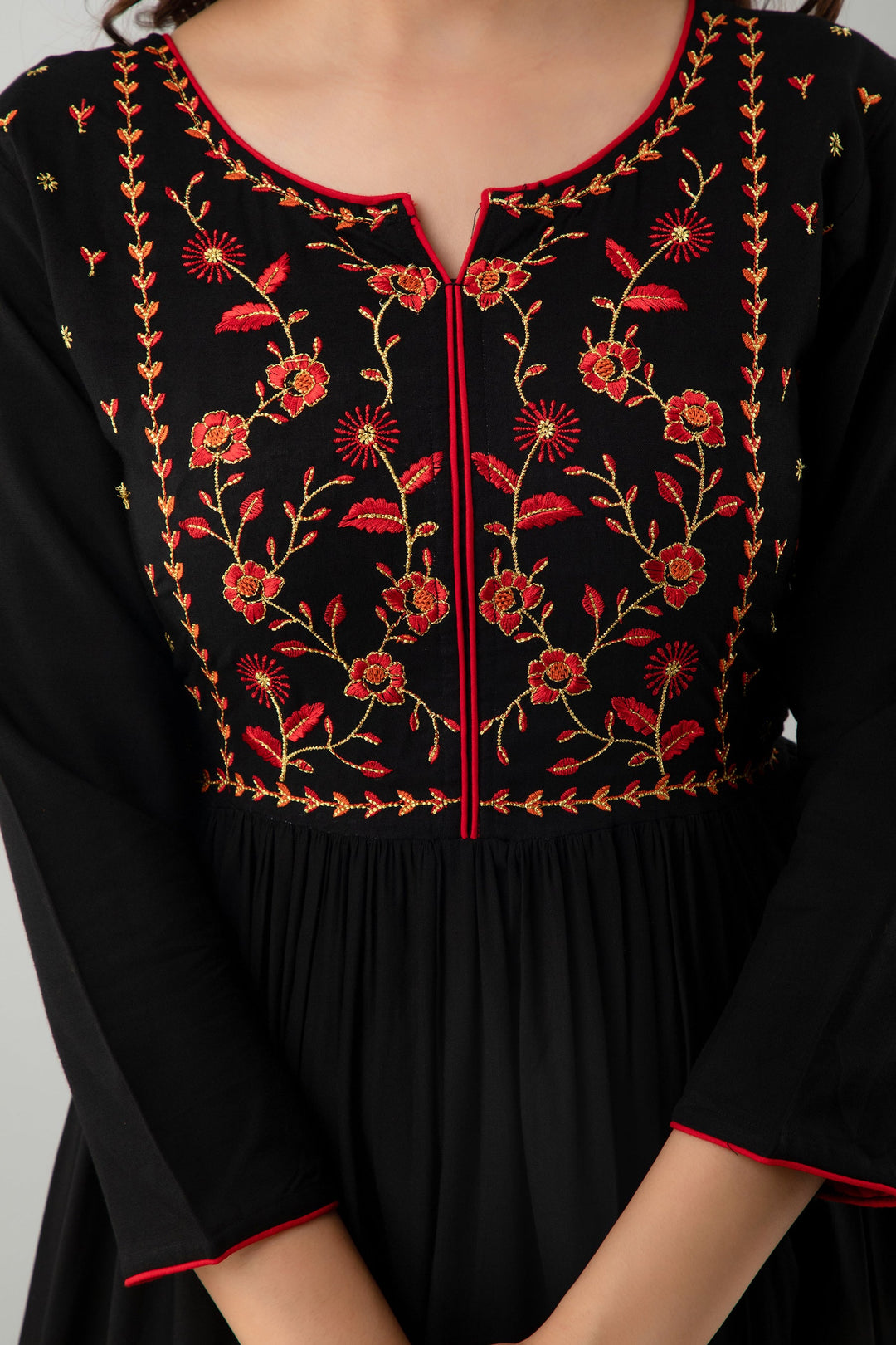 Embroidered Flared Ankle Length 3/4 Sleeves Round Neck Rayon Kurta Dress