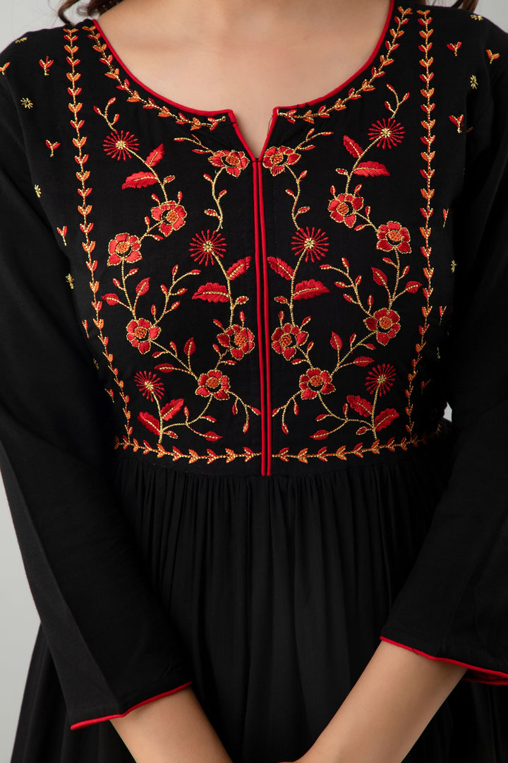 Embroidered Flared Ankle Length 3/4 Sleeves Round Neck Rayon Kurta Dress