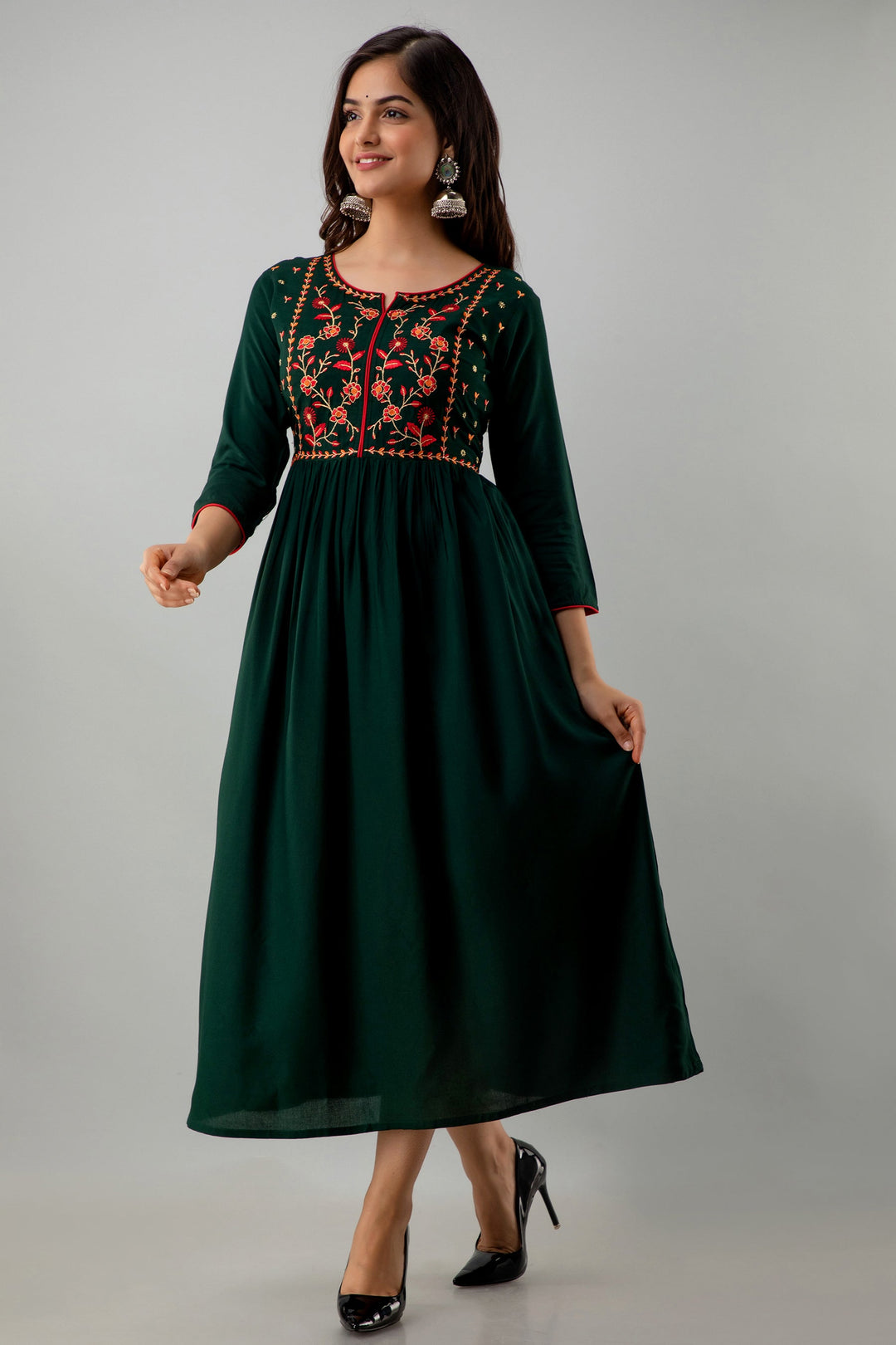 Embroidered Flared Ankle Length 3/4 Sleeves Round Neck Rayon Kurta Dress