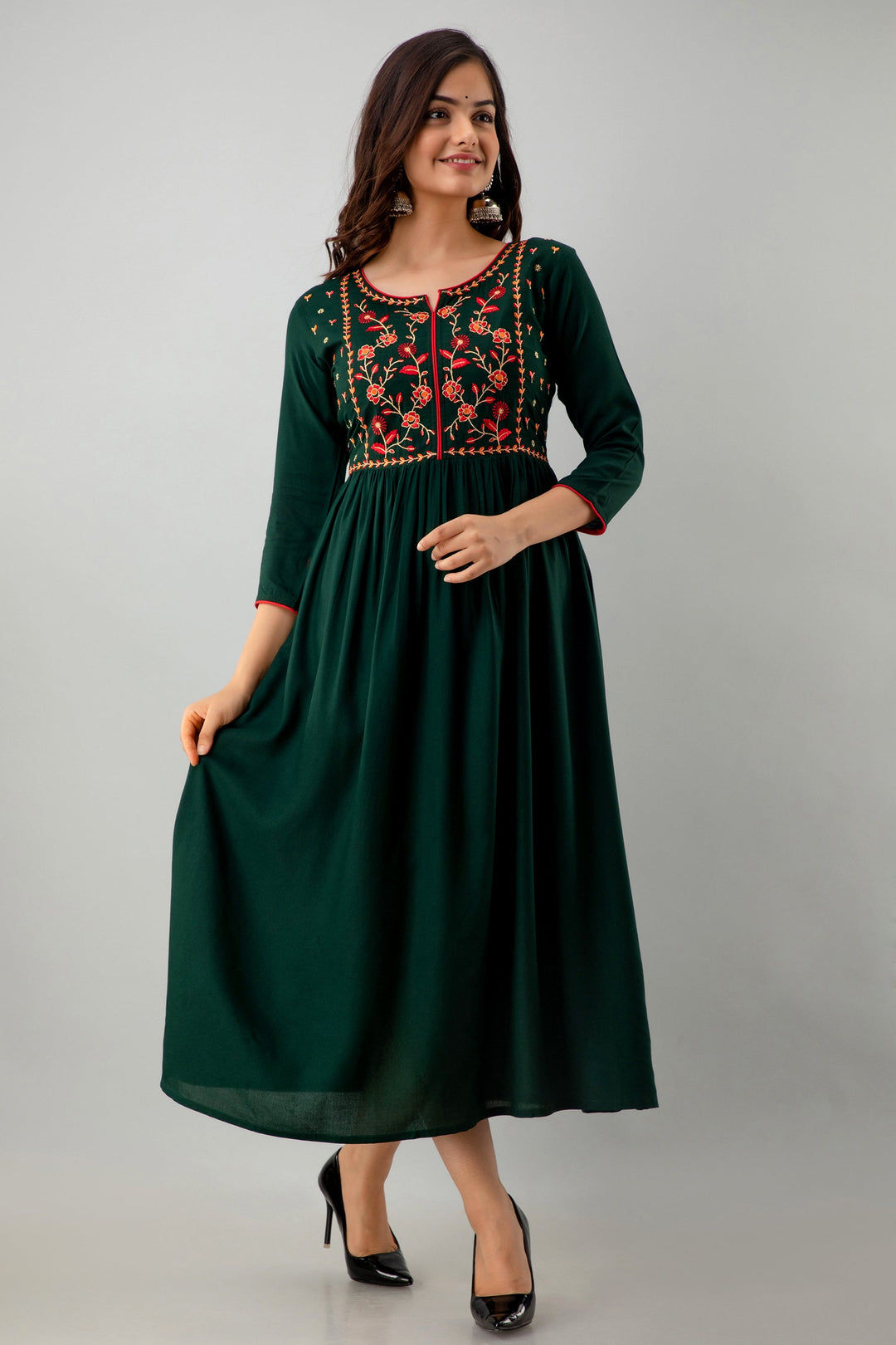 Embroidered Flared Ankle Length 3/4 Sleeves Round Neck Rayon Kurta Dress