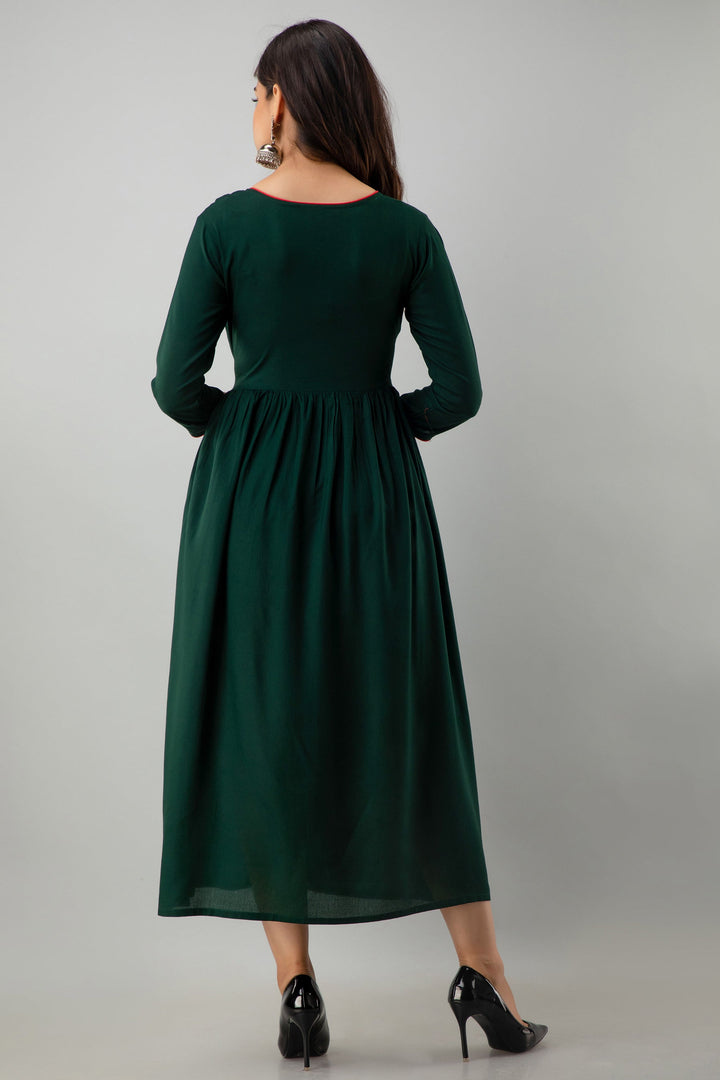 Embroidered Flared Ankle Length 3/4 Sleeves Round Neck Rayon Kurta Dress