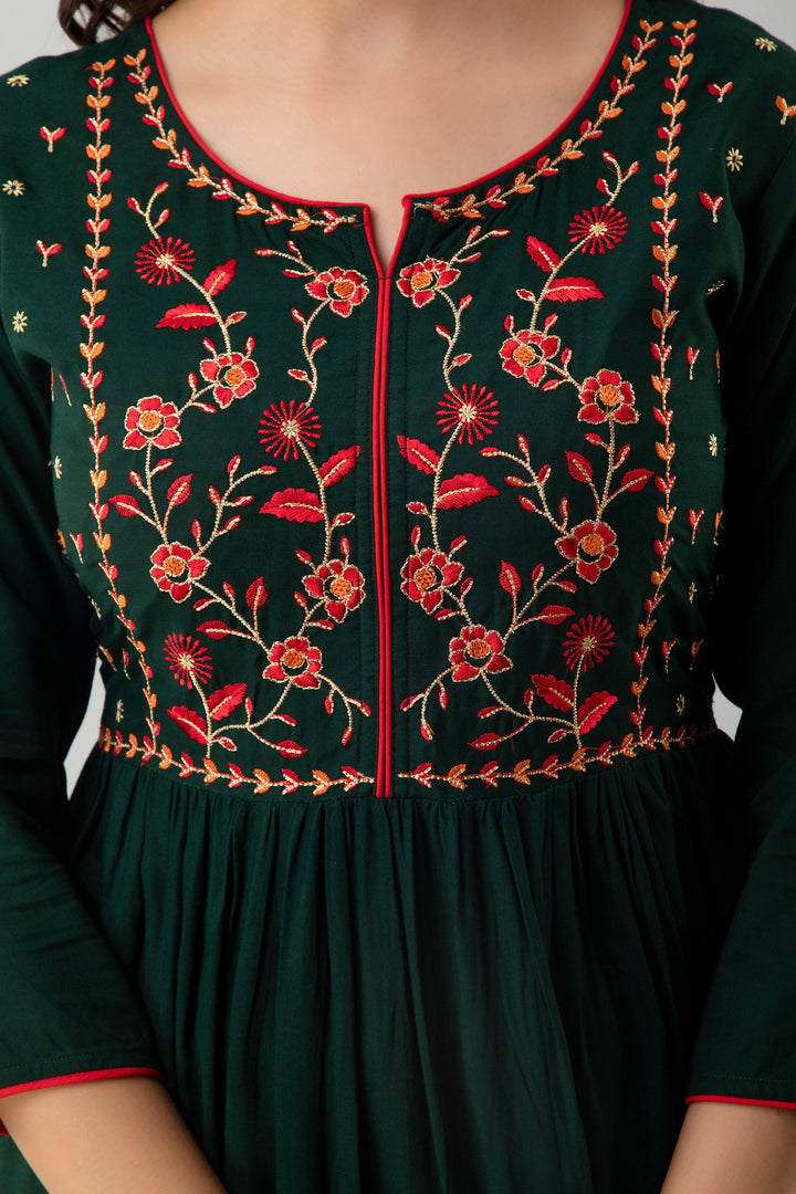 Embroidered Flared Ankle Length 3/4 Sleeves Round Neck Rayon Kurta Dress