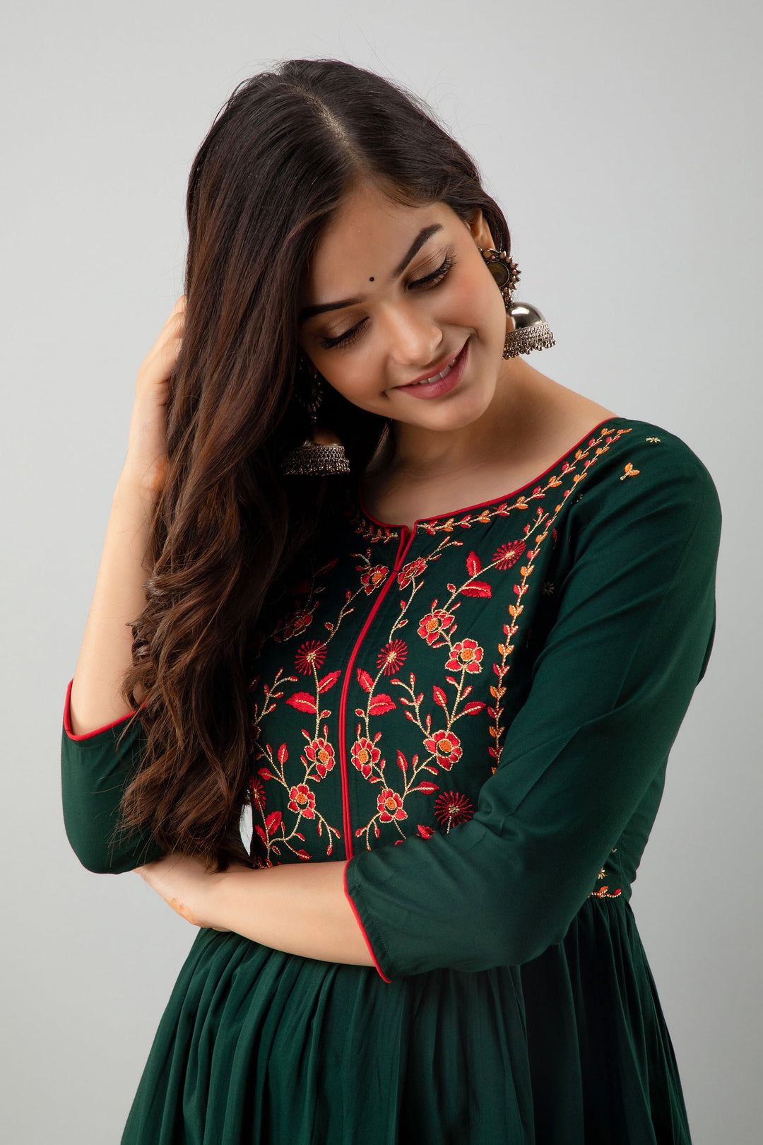 Embroidered Flared Ankle Length 3/4 Sleeves Round Neck Rayon Kurta Dress