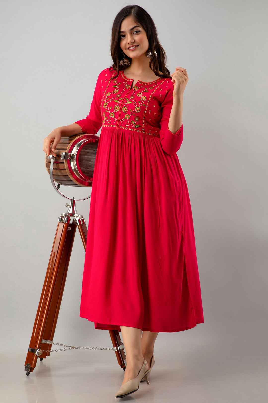 Embroidered Flared Calf Length 3/4 Sleeves Round Neck Rayon Kurta Dress