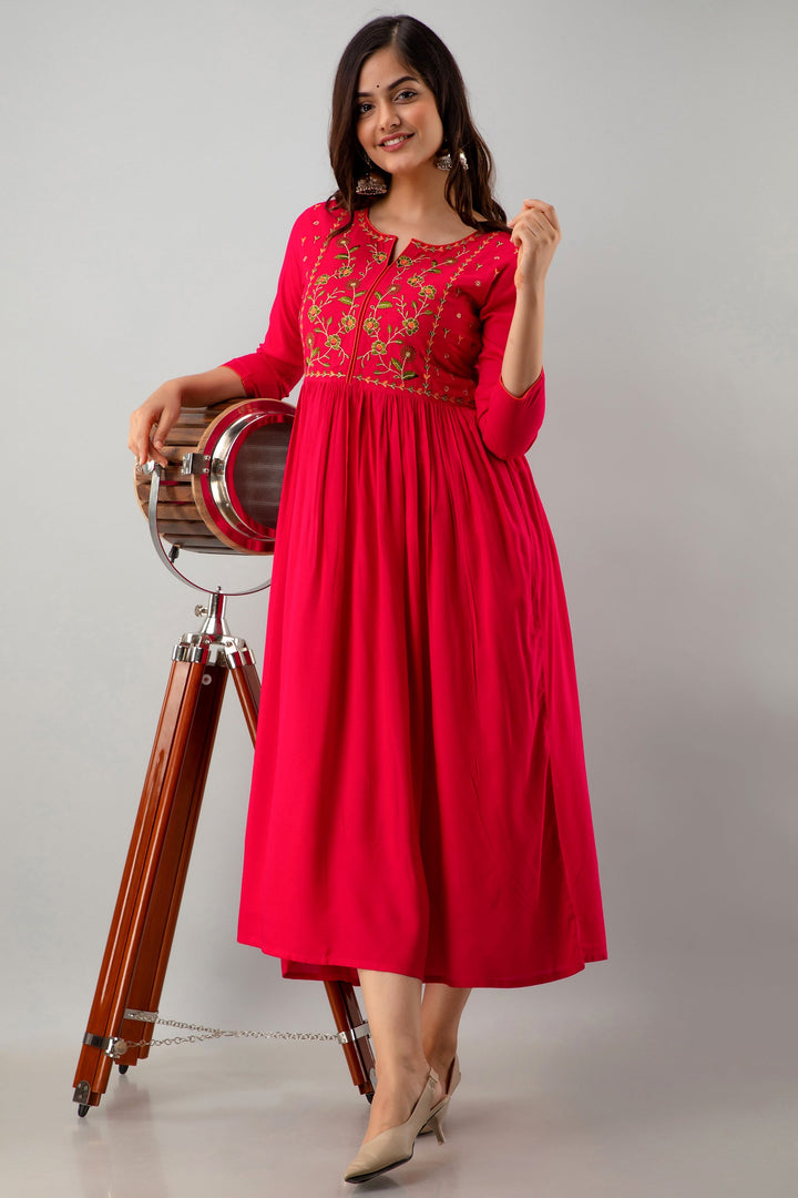 Embroidered Flared Calf Length 3/4 Sleeves Round Neck Rayon Kurta Dress
