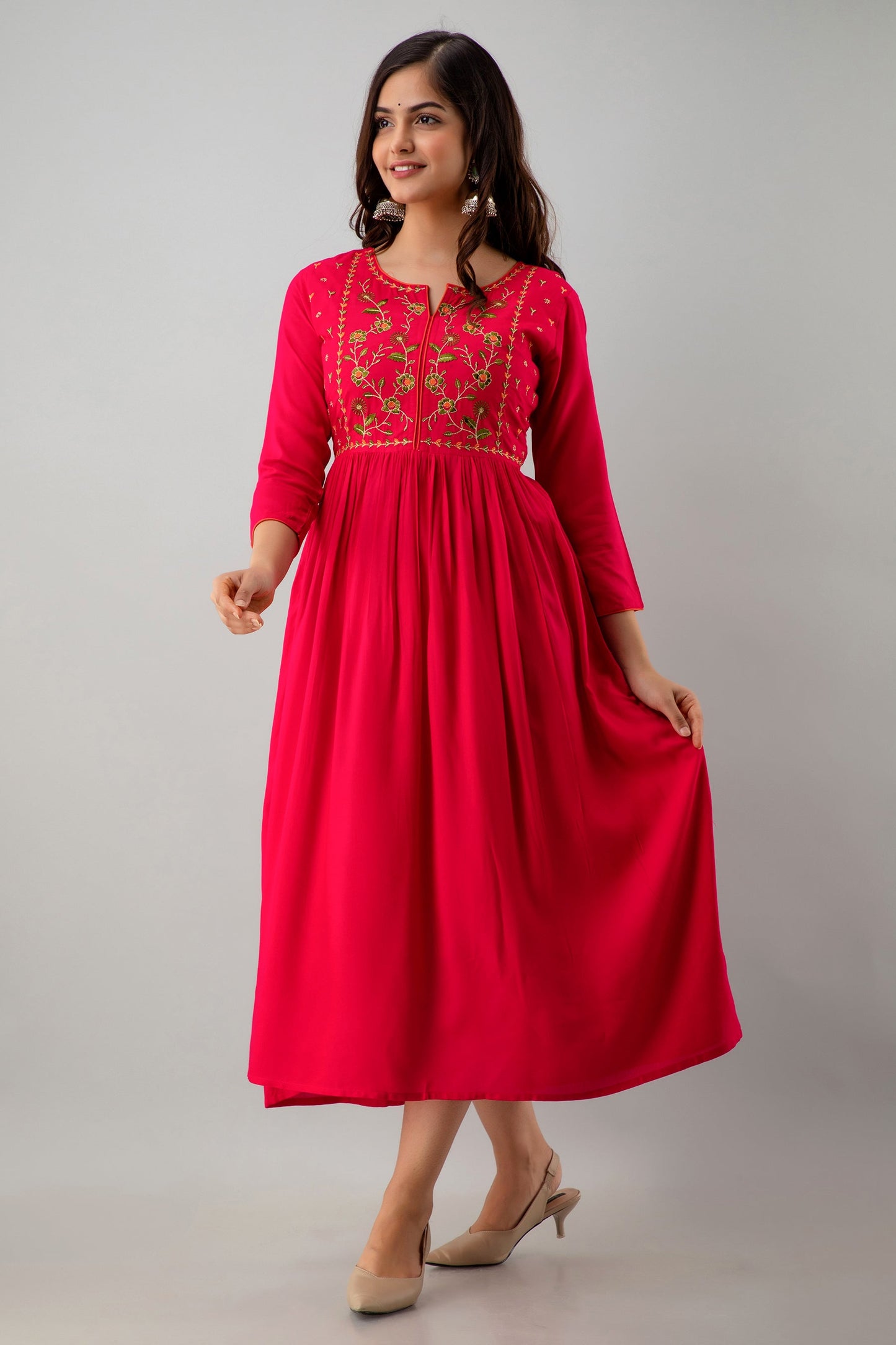 Embroidered Flared Calf Length 3/4 Sleeves Round Neck Rayon Kurta Dress