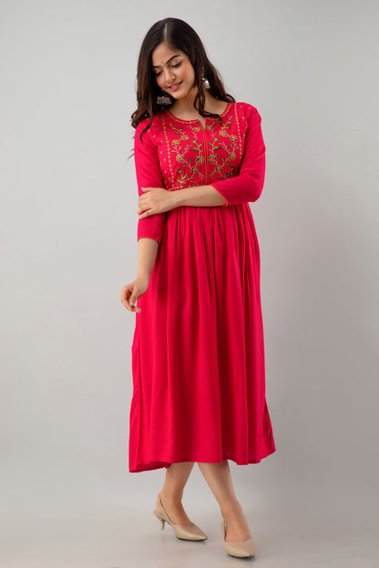Embroidered Flared Calf Length 3/4 Sleeves Round Neck Rayon Kurta Dress