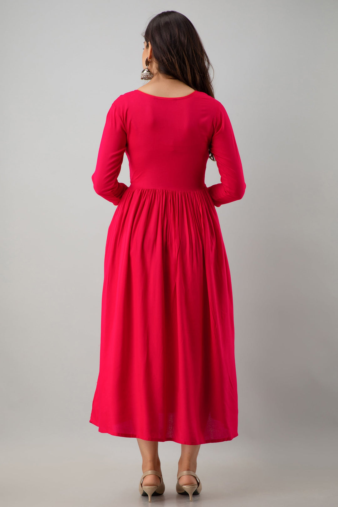 Embroidered Flared Calf Length 3/4 Sleeves Round Neck Rayon Kurta Dress