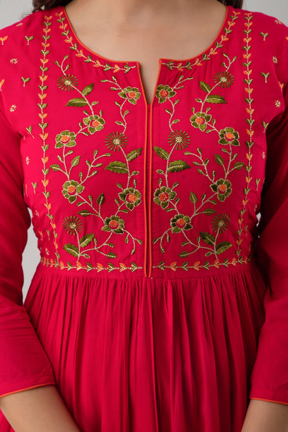 Embroidered Flared Calf Length 3/4 Sleeves Round Neck Rayon Kurta Dress