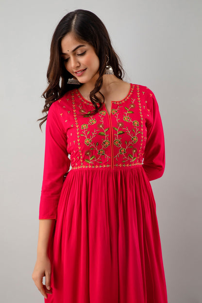 Embroidered Flared Calf Length 3/4 Sleeves Round Neck Rayon Kurta Dress