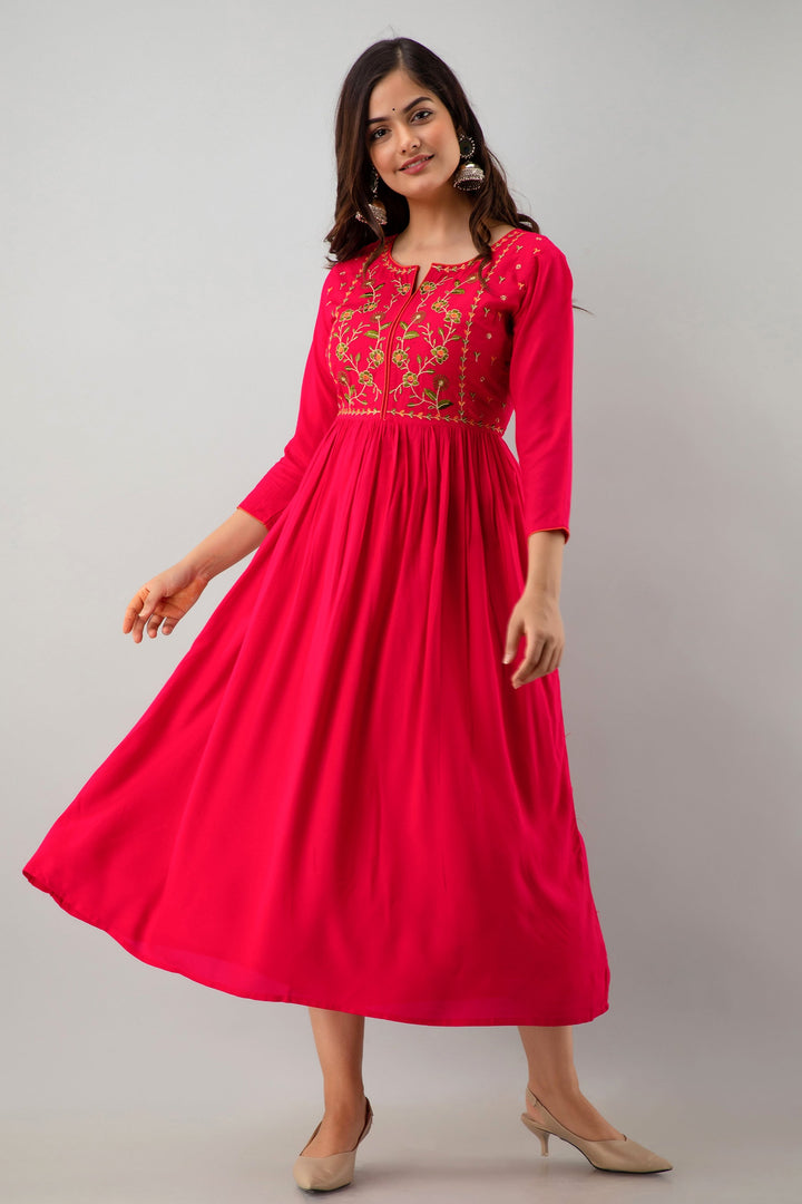 Embroidered Flared Calf Length 3/4 Sleeves Round Neck Rayon Kurta Dress