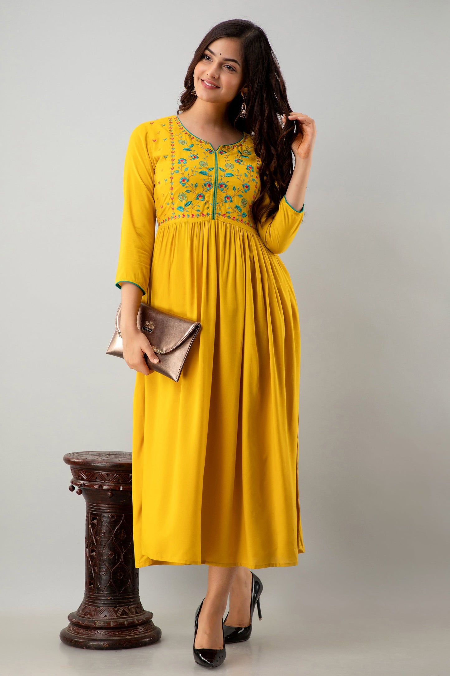 Embroidered Flared Calf Length 3/4 Sleeves Round Neck Rayon Kurta Dress