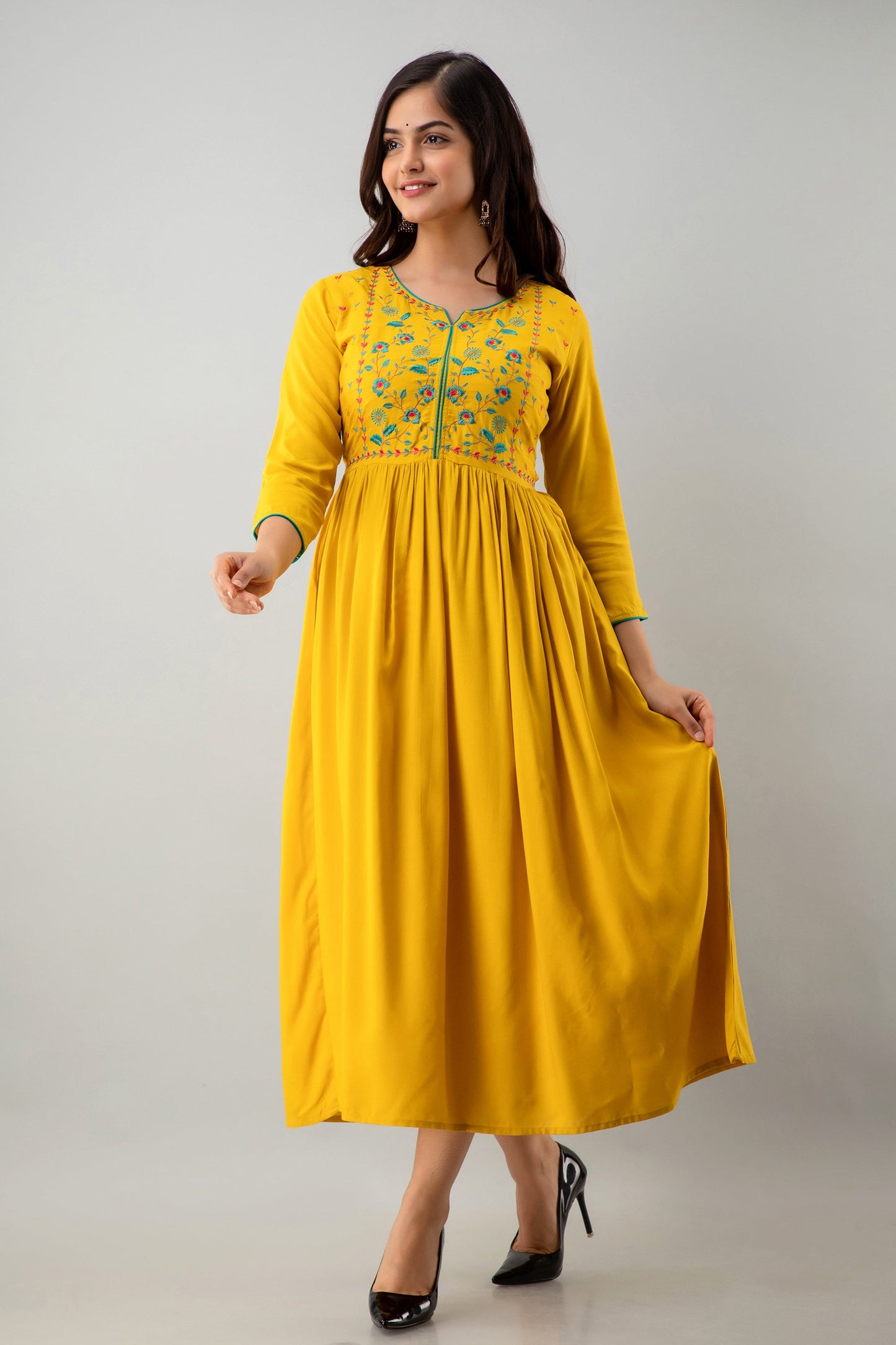 Embroidered Flared Calf Length 3/4 Sleeves Round Neck Rayon Kurta Dress