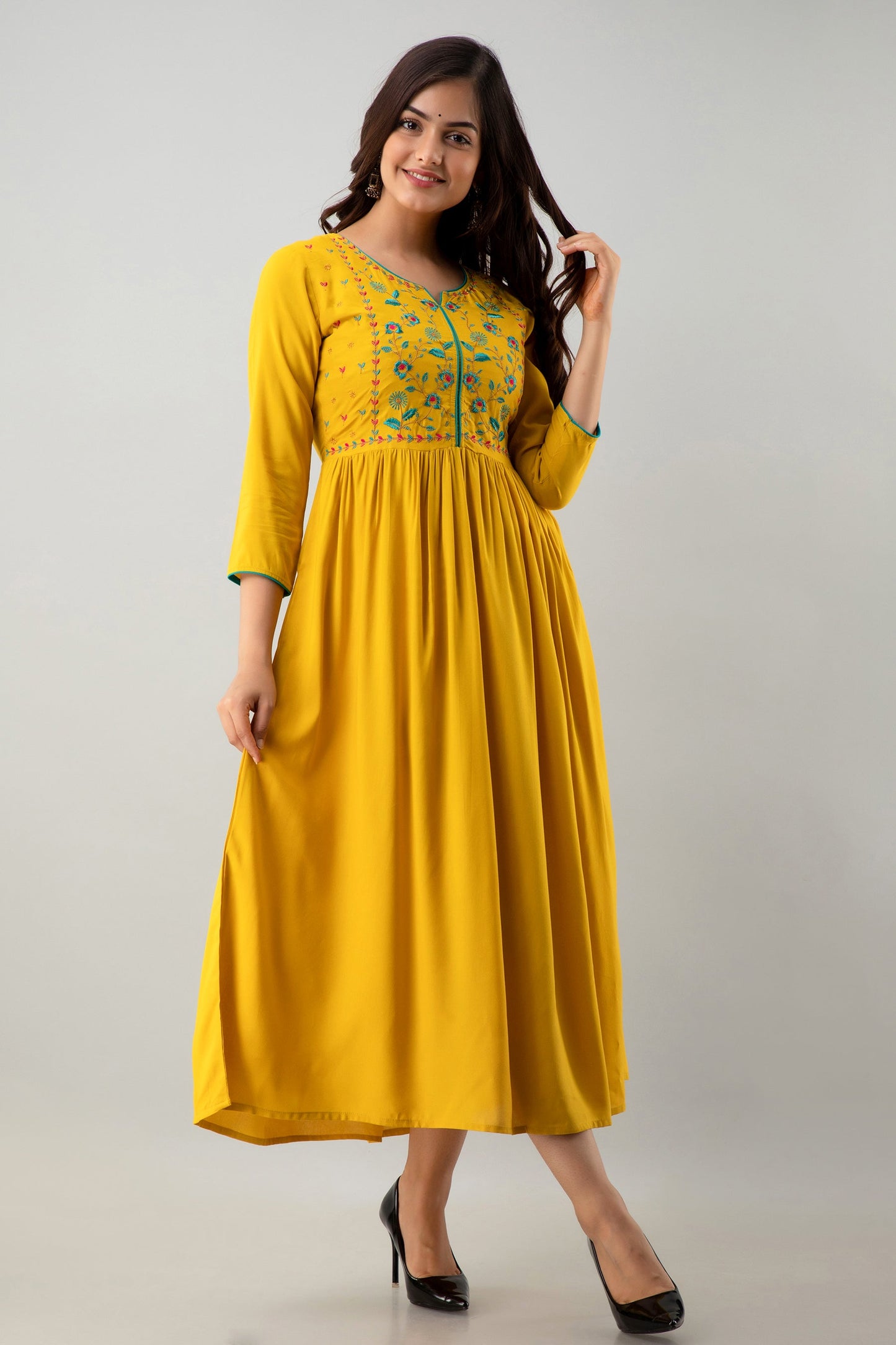Embroidered Flared Calf Length 3/4 Sleeves Round Neck Rayon Kurta Dress