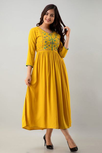 Embroidered Flared Calf Length 3/4 Sleeves Round Neck Rayon Kurta Dress