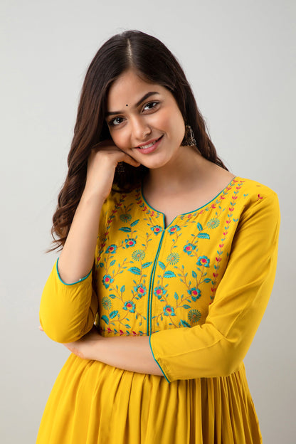 Embroidered Flared Calf Length 3/4 Sleeves Round Neck Rayon Kurta Dress