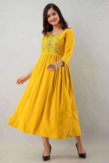 Embroidered Flared Calf Length 3/4 Sleeves Round Neck Rayon Kurta Dress