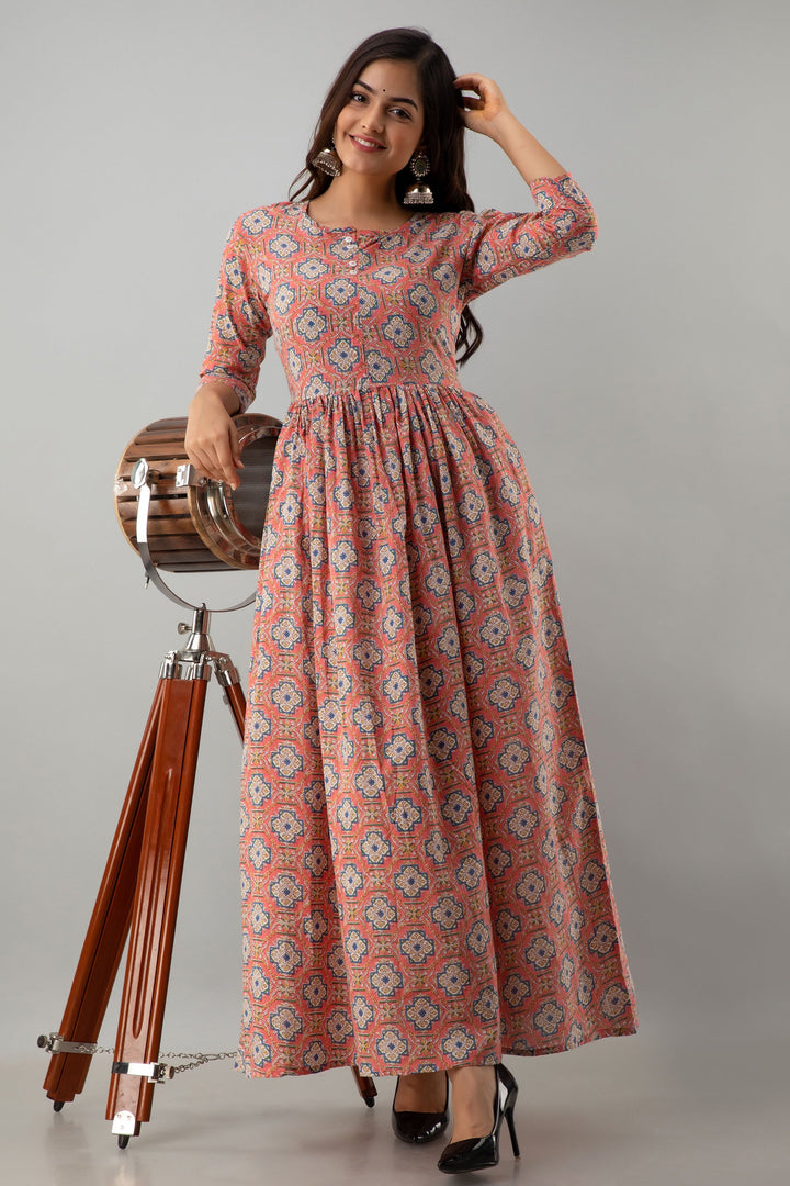 Printed Flared Ankle Length 3/4 Sleeves Round Neck Cotton Kurta Dress