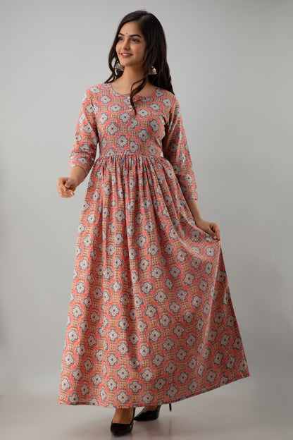 Printed Flared Ankle Length 3/4 Sleeves Round Neck Cotton Kurta Dress