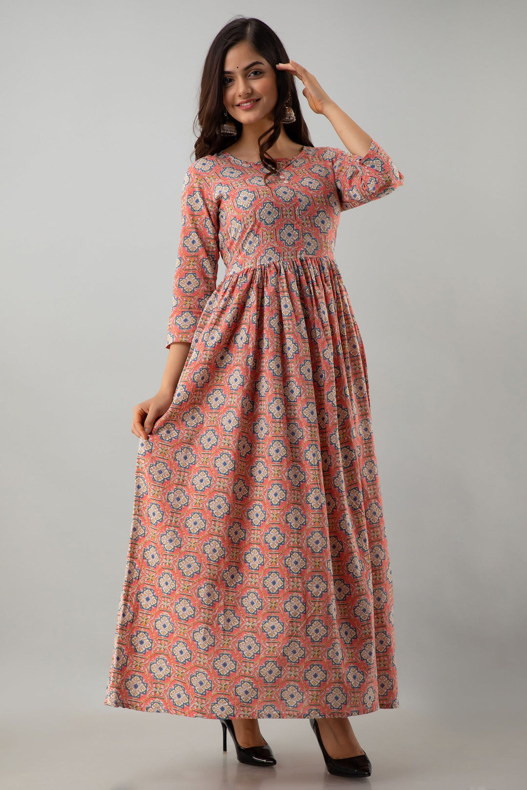Printed Flared Ankle Length 3/4 Sleeves Round Neck Cotton Kurta Dress