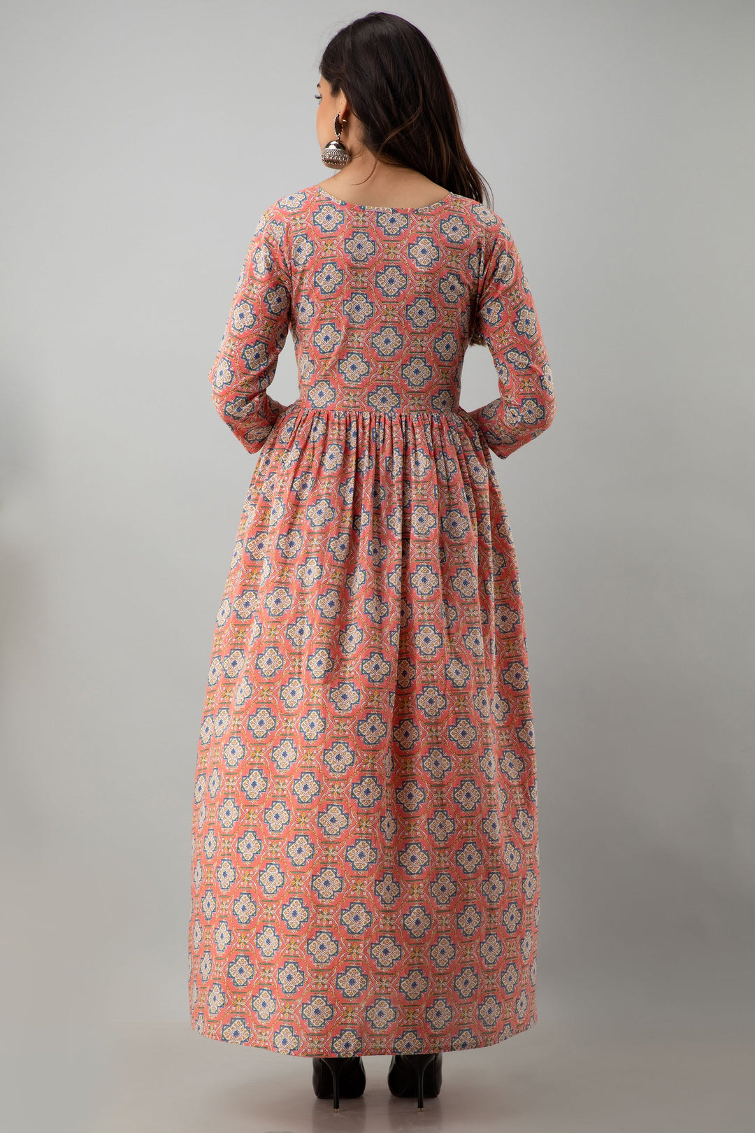 Printed Flared Ankle Length 3/4 Sleeves Round Neck Cotton Kurta Dress