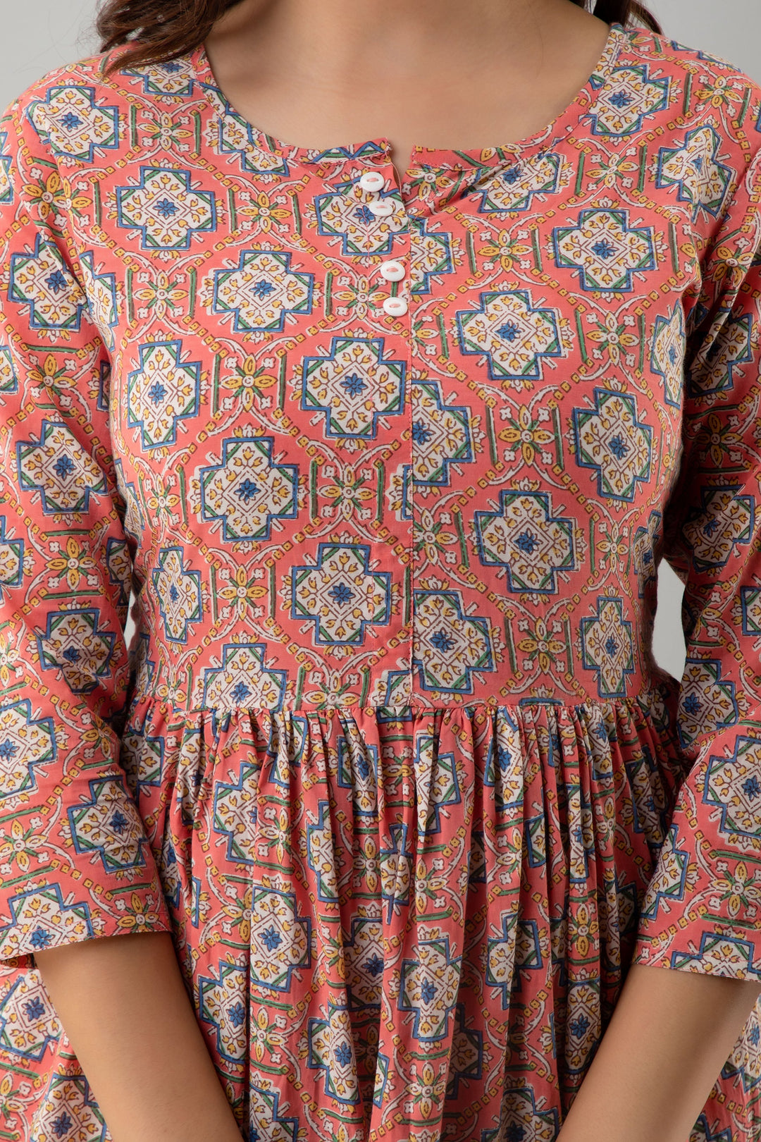 Printed Flared Ankle Length 3/4 Sleeves Round Neck Cotton Kurta Dress