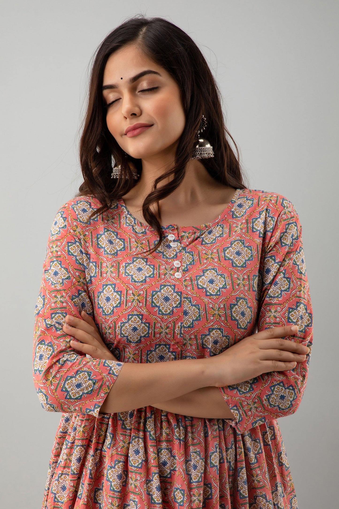 Printed Flared Ankle Length 3/4 Sleeves Round Neck Cotton Kurta Dress