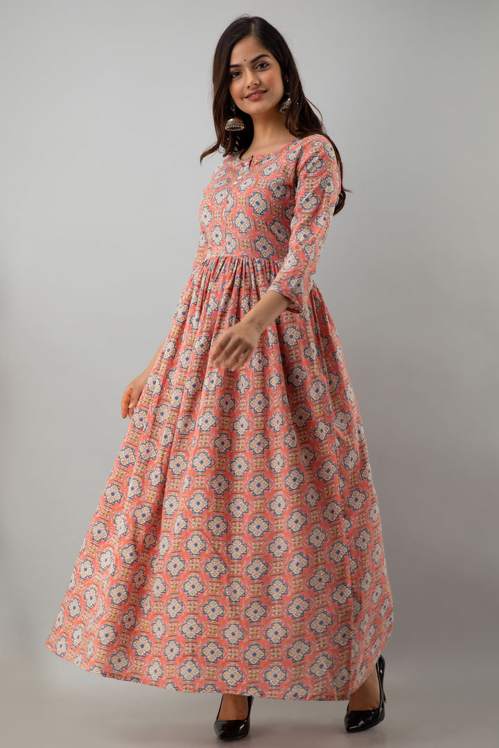 Printed Flared Ankle Length 3/4 Sleeves Round Neck Cotton Kurta Dress