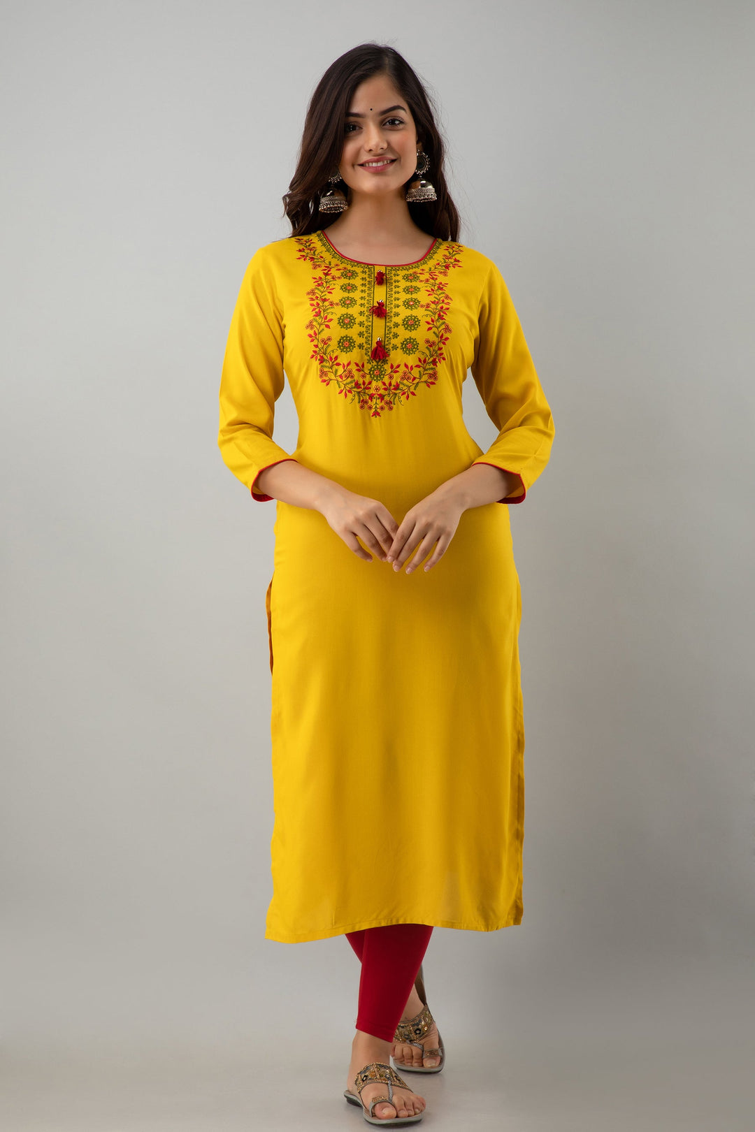 Embroidered Straight Calf Length 3/4 Sleeves Round Neck Rayon Kurta