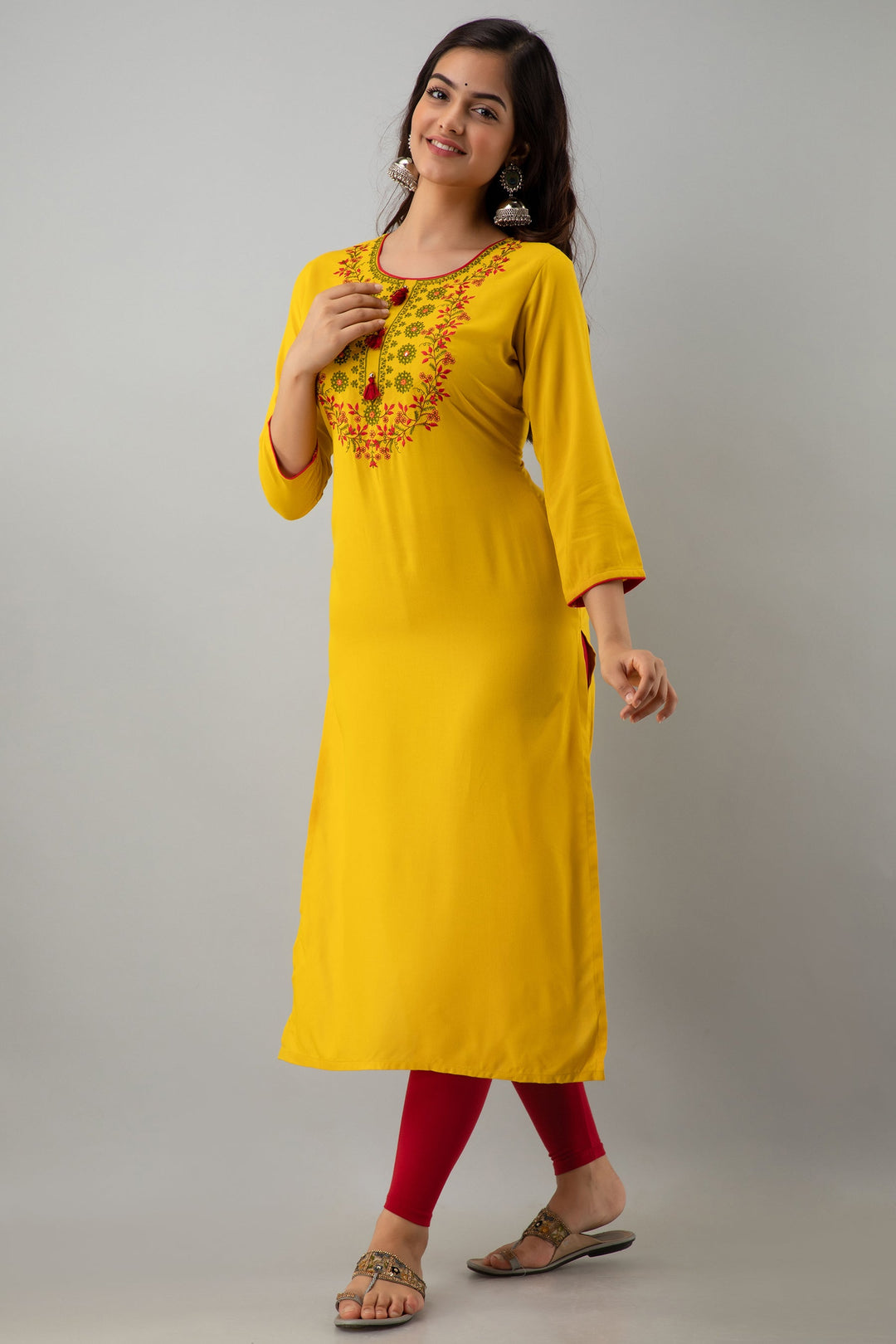 Embroidered Straight Calf Length 3/4 Sleeves Round Neck Rayon Kurta