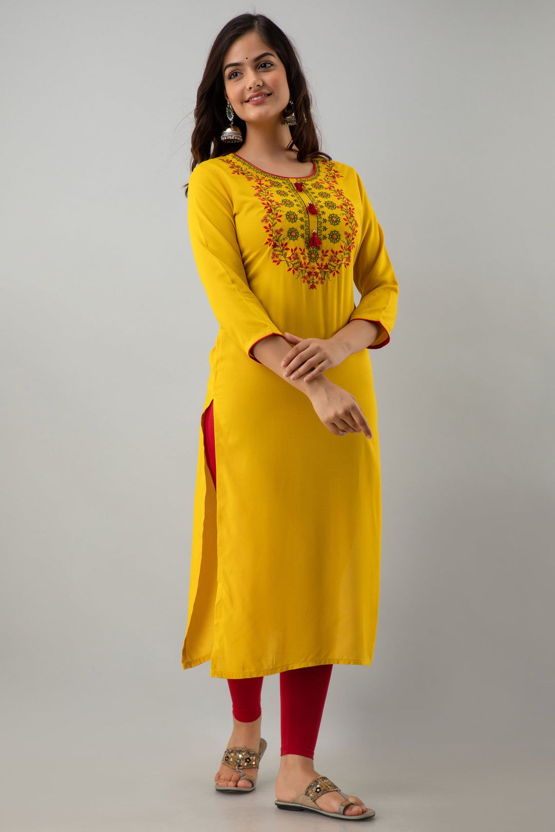 Embroidered Straight Calf Length 3/4 Sleeves Round Neck Rayon Kurta