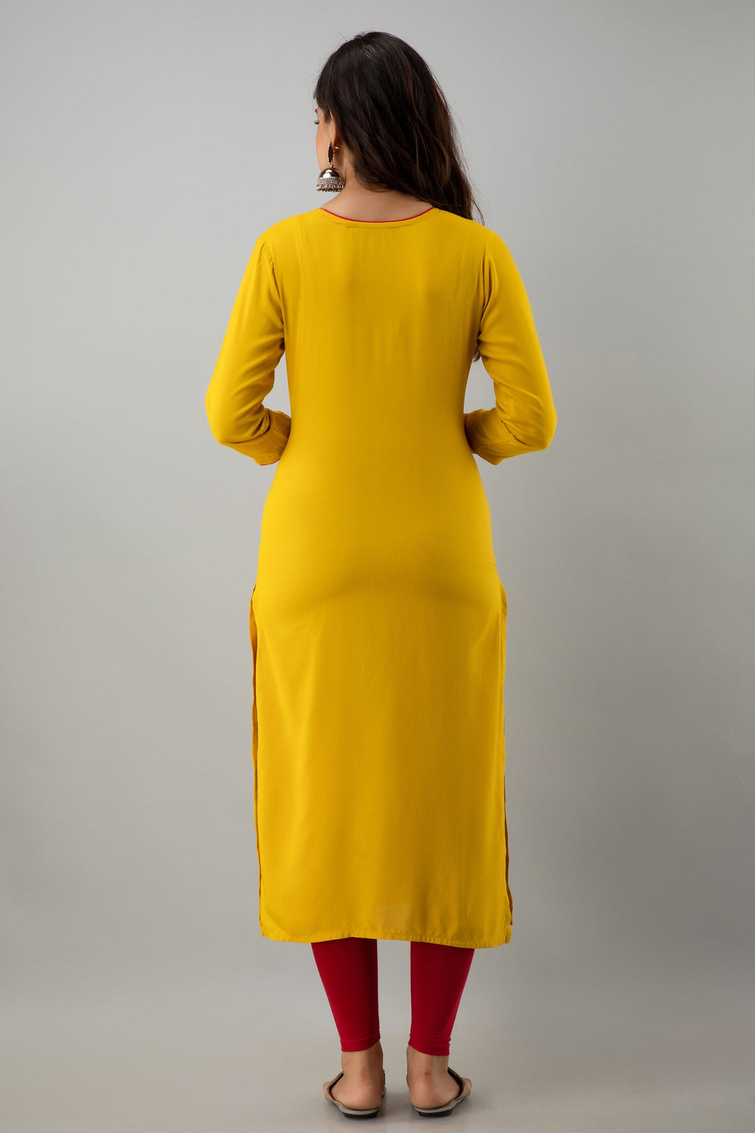 Embroidered Straight Calf Length 3/4 Sleeves Round Neck Rayon Kurta