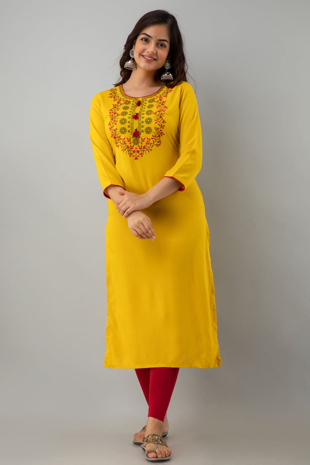 Embroidered Straight Calf Length 3/4 Sleeves Round Neck Rayon Kurta