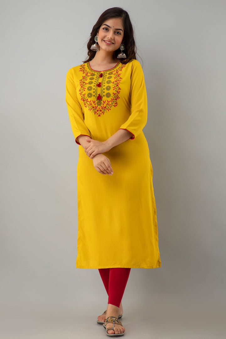 Embroidered Straight Calf Length 3/4 Sleeves Round Neck Rayon Kurta