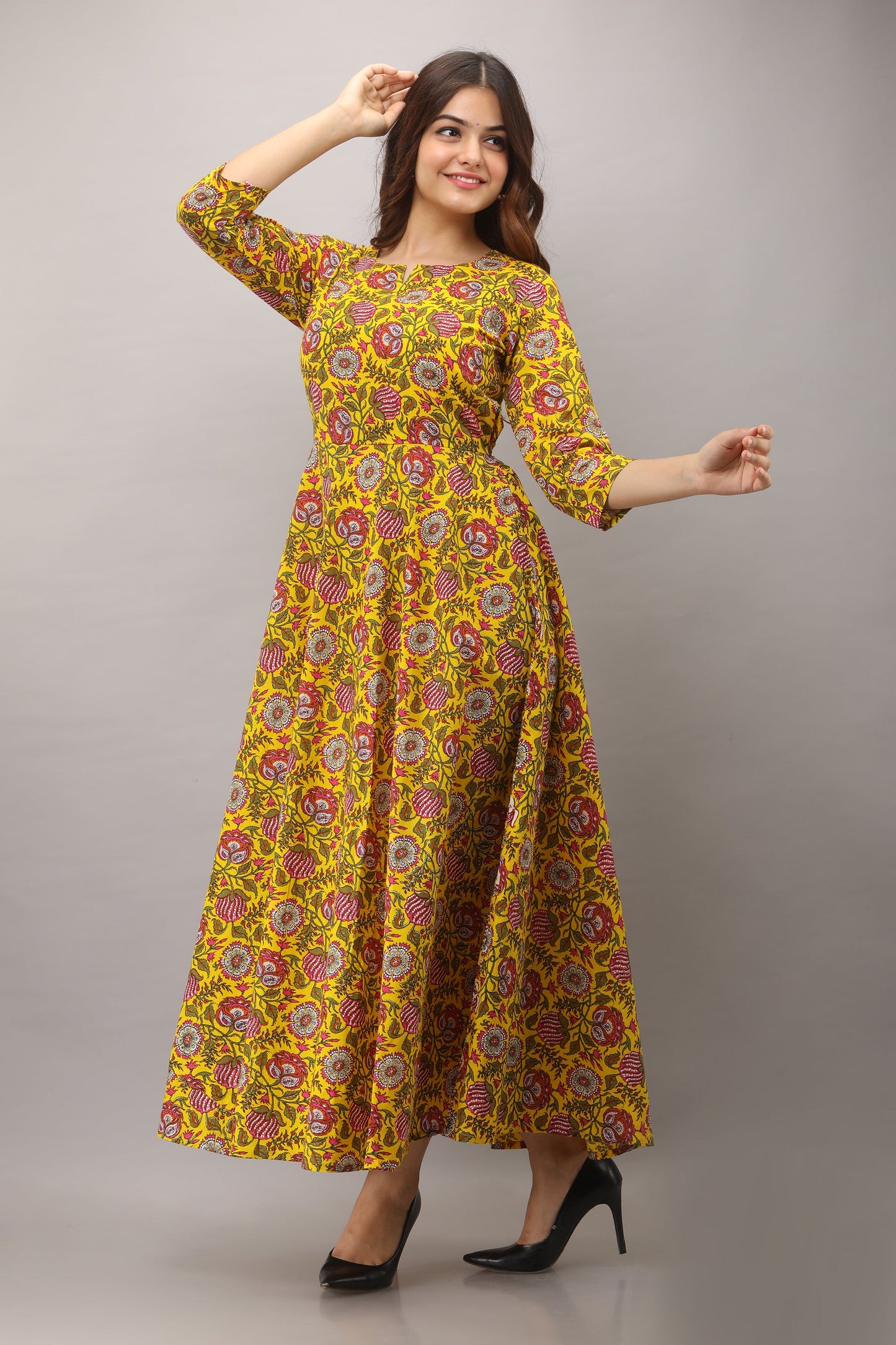 Printed Cotton 3/4 Sleeves Full Length Flared Dress