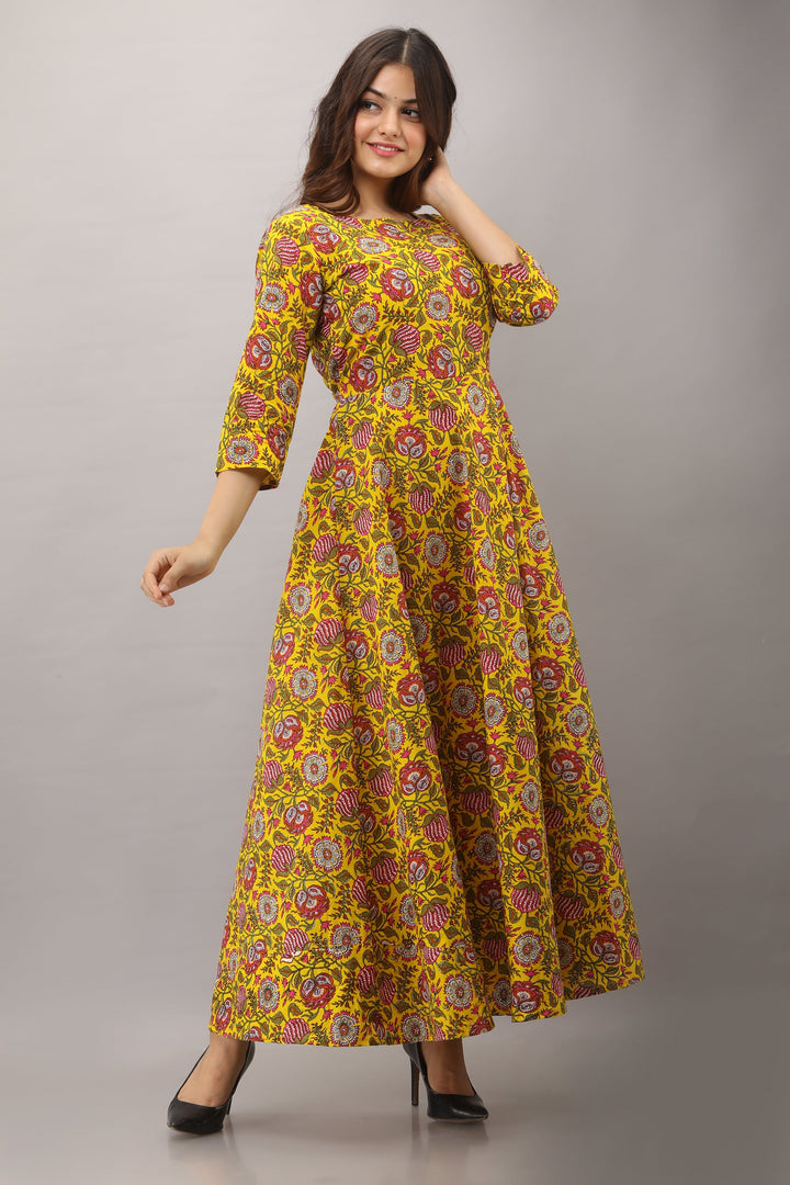 Printed Cotton 3/4 Sleeves Full Length Flared Dress