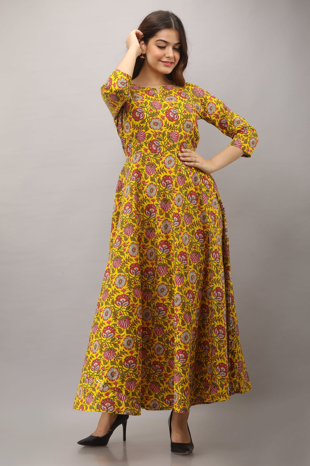 Printed Cotton 3/4 Sleeves Full Length Flared Dress