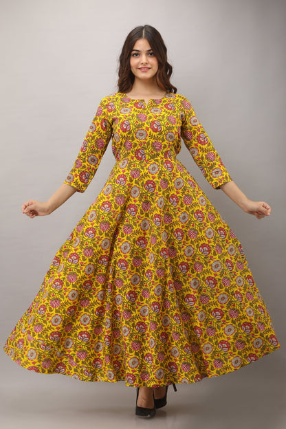 Printed Cotton 3/4 Sleeves Full Length Flared Dress