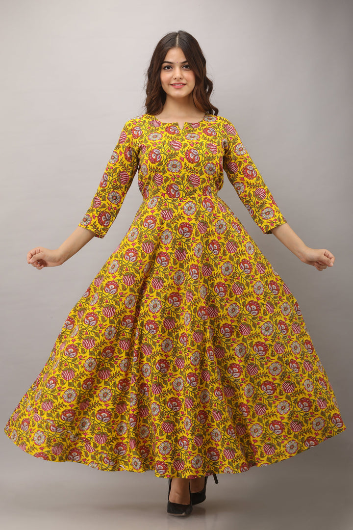 Printed Cotton 3/4 Sleeves Full Length Flared Dress